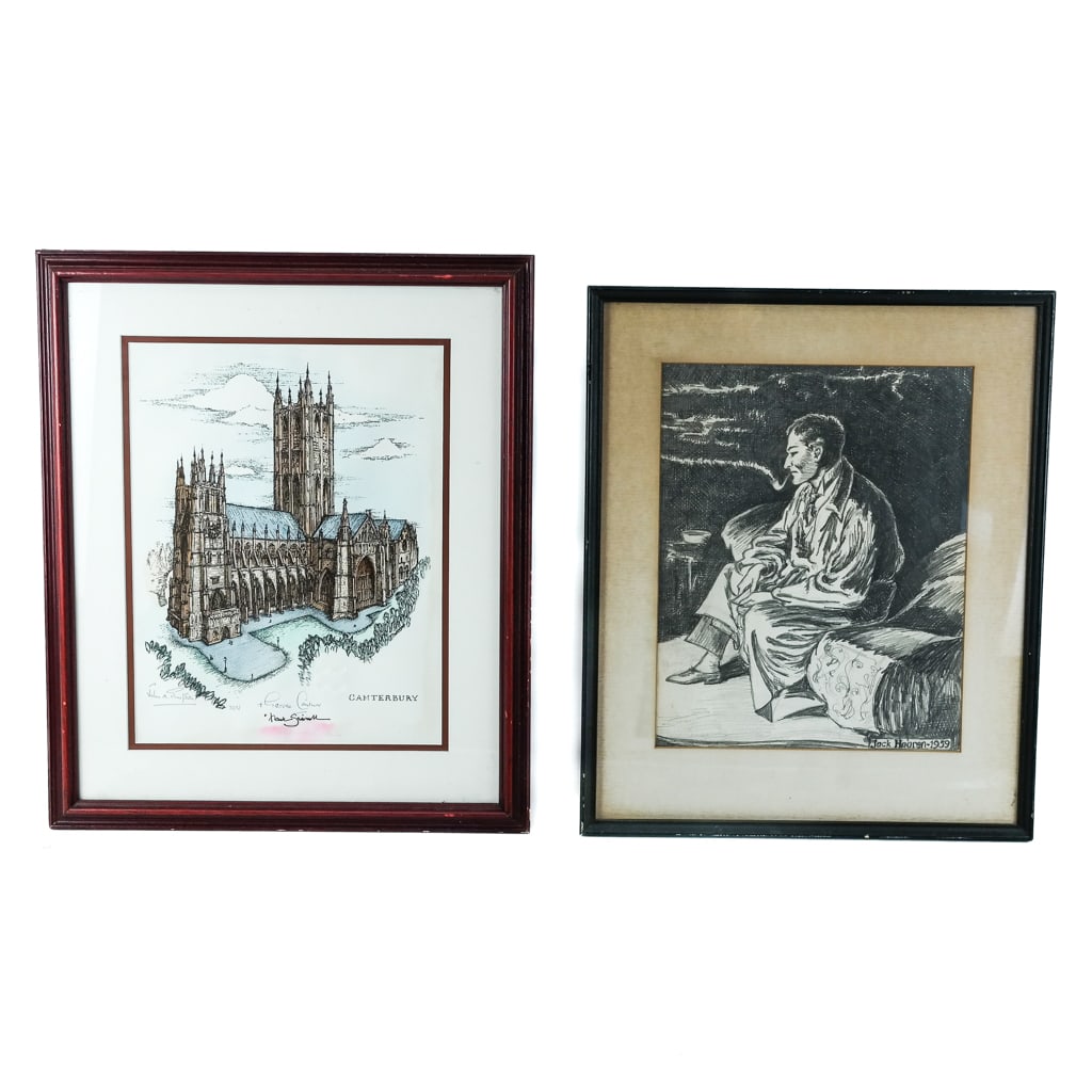 Two Framed Items of English Interest: Including an image of Canterbury Cathedral, and a drawing of Sherlock Holmes by Jack Haaren dated 1959. Mid-20th century. [Larger - Frame: 18 3/4 x 15 5/8 inches].
