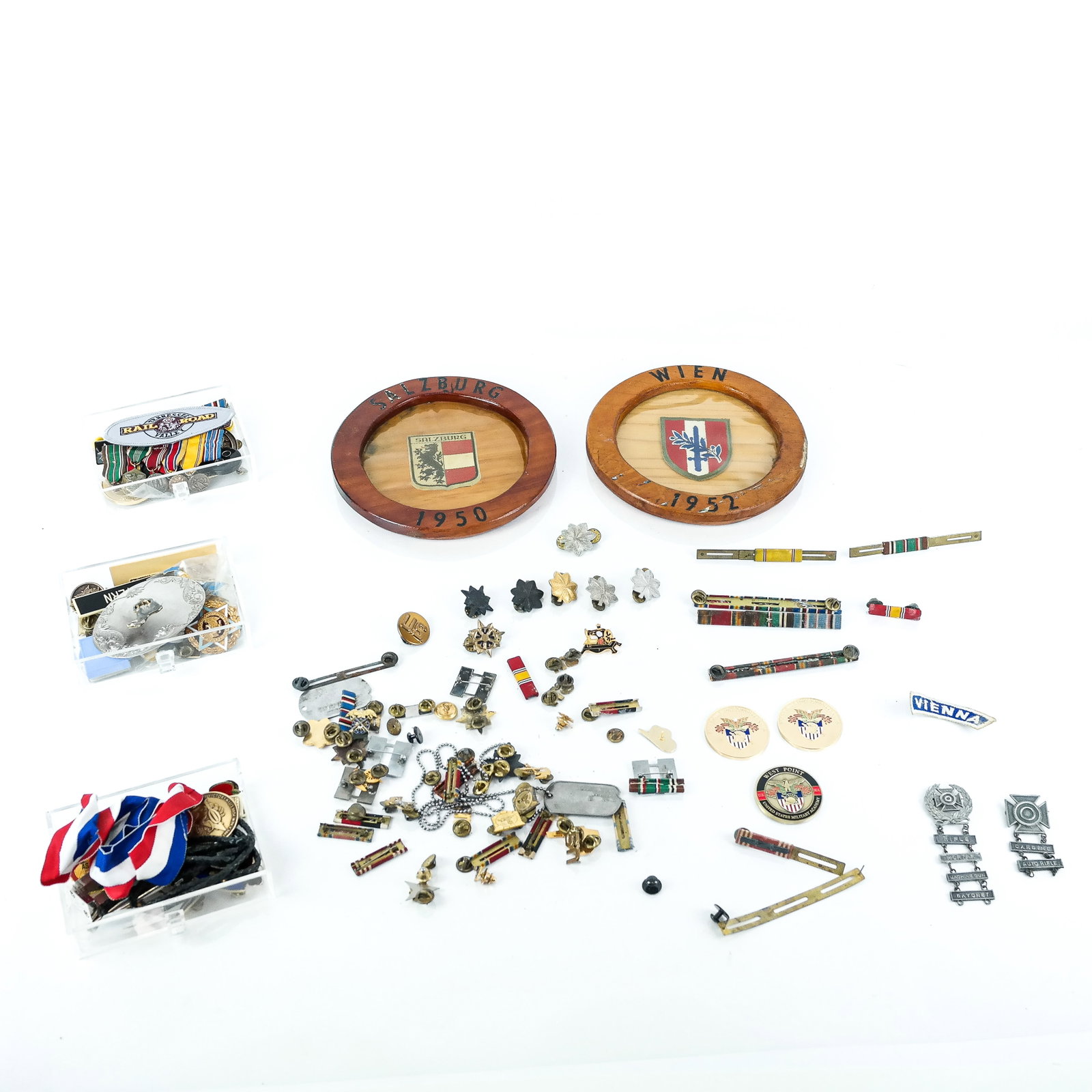Large Assortment of Medals, Pins, Etc.: Large assortment of WWII, Korea, Vietnam and others medals, pins and other items, including Jewish War Veterans. Some in "as-is" condition.