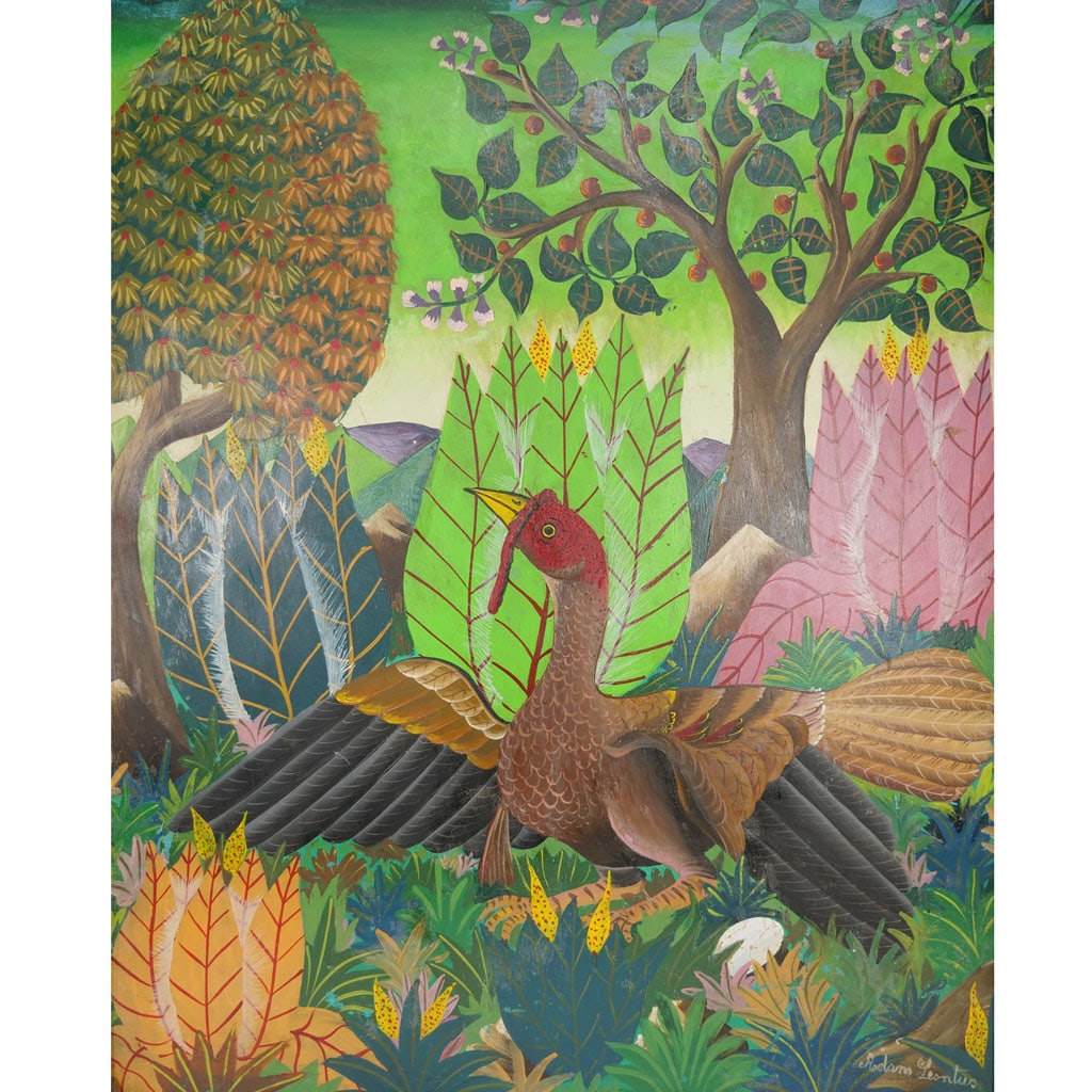 Adam LEONTUS: Bird in Field - O/P: Adam Leontus (Haitian, 1928-1986) framed oil on panel depicting a bird in a field, signed lower right. Provenance: From the Eileen and Marvin Reingold Collection. [Sight: 29" H x 23" W; Frame: 32" H x
