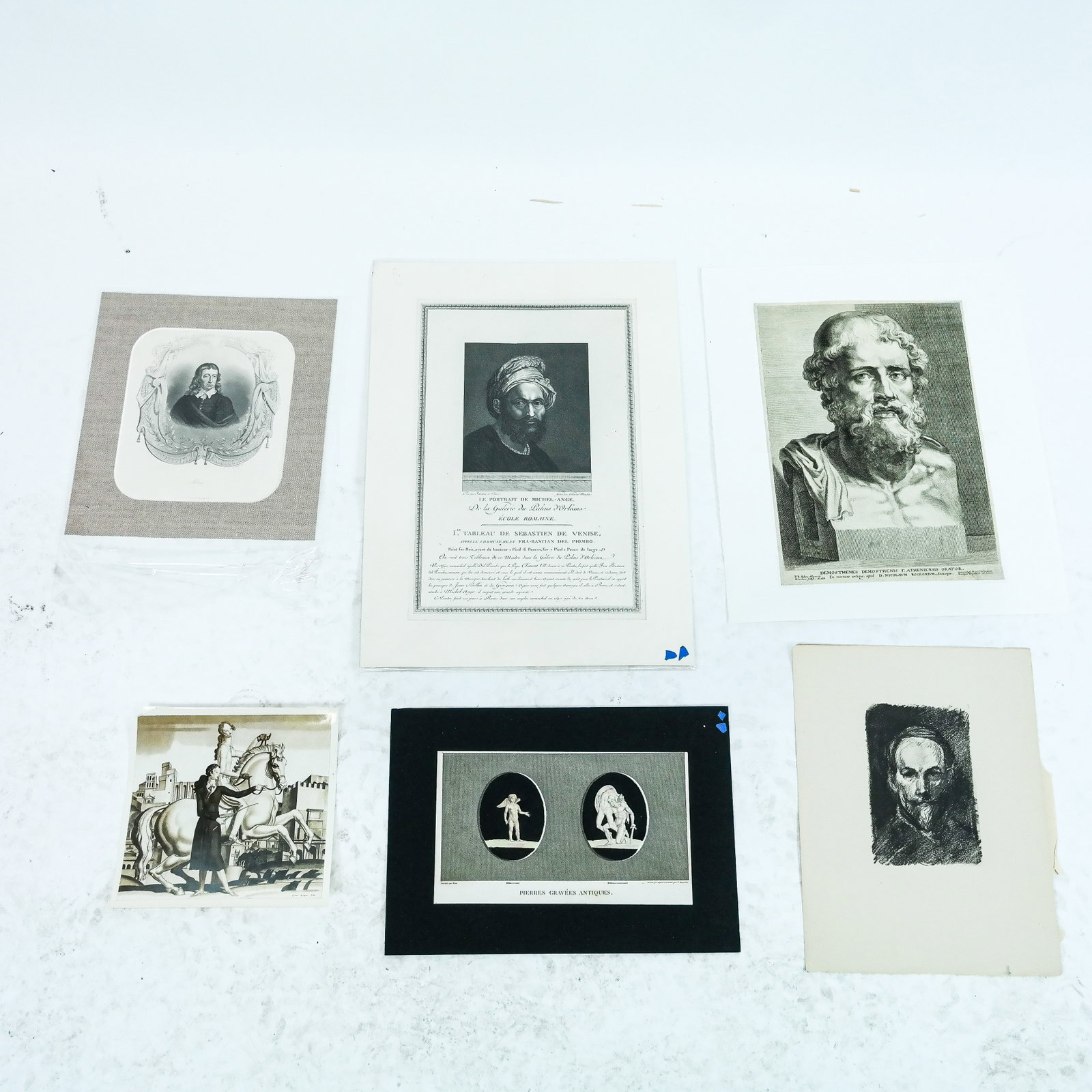 Group of Six B&W Figural Prints: Group of six black and white figural prints, most depicting bust length portraits including Michelangelo, Milton, and others. Provenance: Phyllis Lucas Gallery, NYC. [Largest overall: 19" H x 13 3/4" 