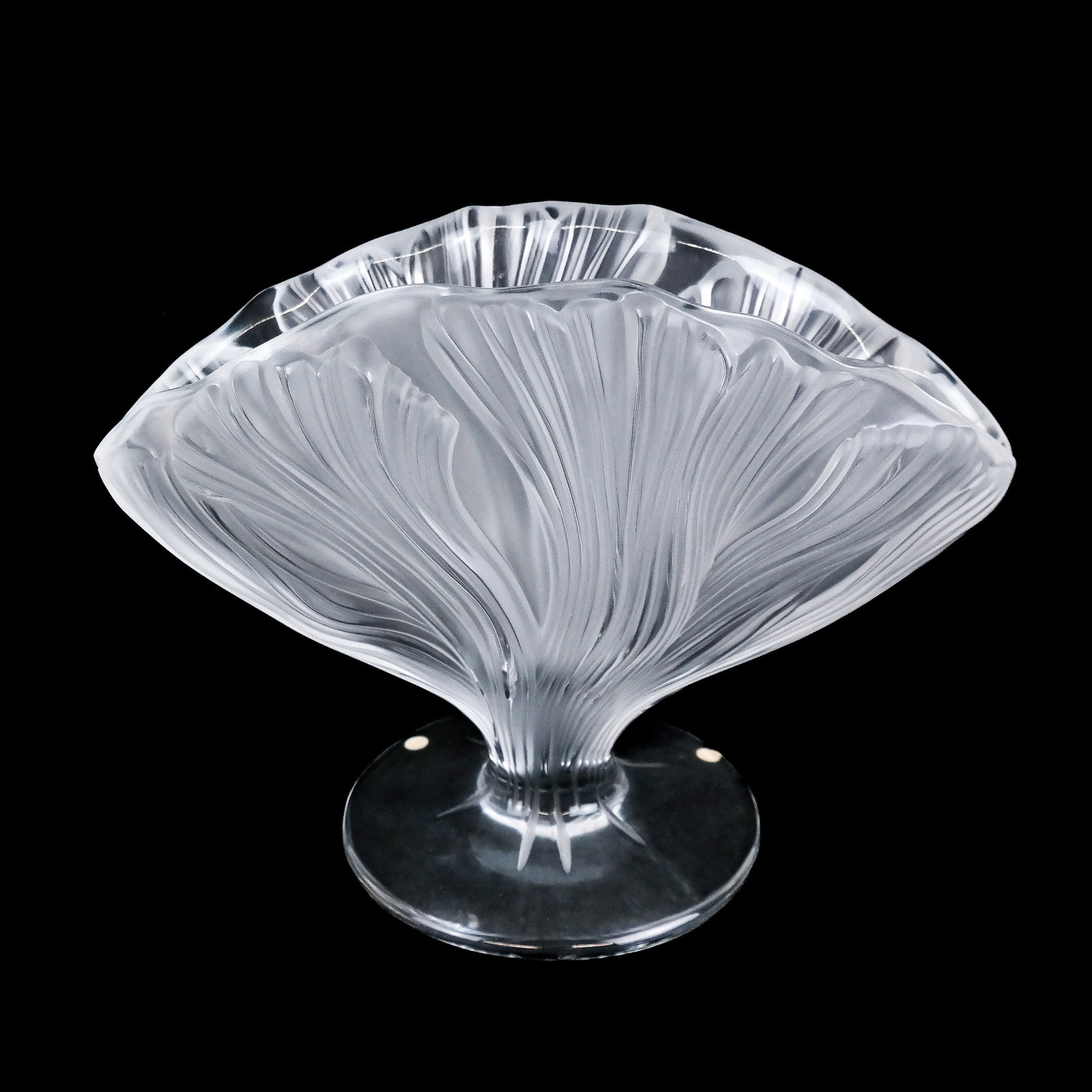 Lalique French Glass Flared Vase: Lalique French glass flared vase in the "Ichor" pattern, with fan motifs, bearing etched signature to base. [9 3/4" H x 13 1/2" W x 6 1/2" D]. Applied felt pads to base. Great condition, no issues.