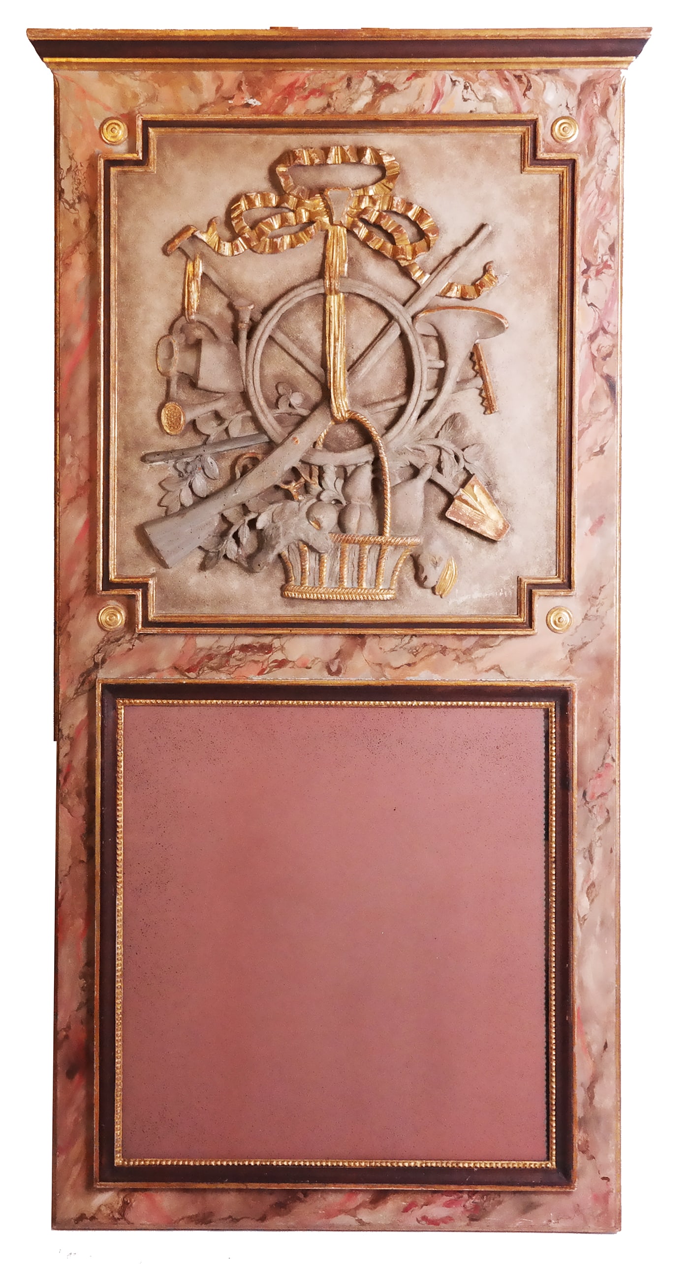 Trompe L'Oeil-Style Trumeau Mirror: 20th century decorated mirror, the top having musical, fruit basket and garden design carvings, with painted glass, from 880 Fifth Avenue, NYC. [61 1/2" H x 31 1/2" W x 2" D].