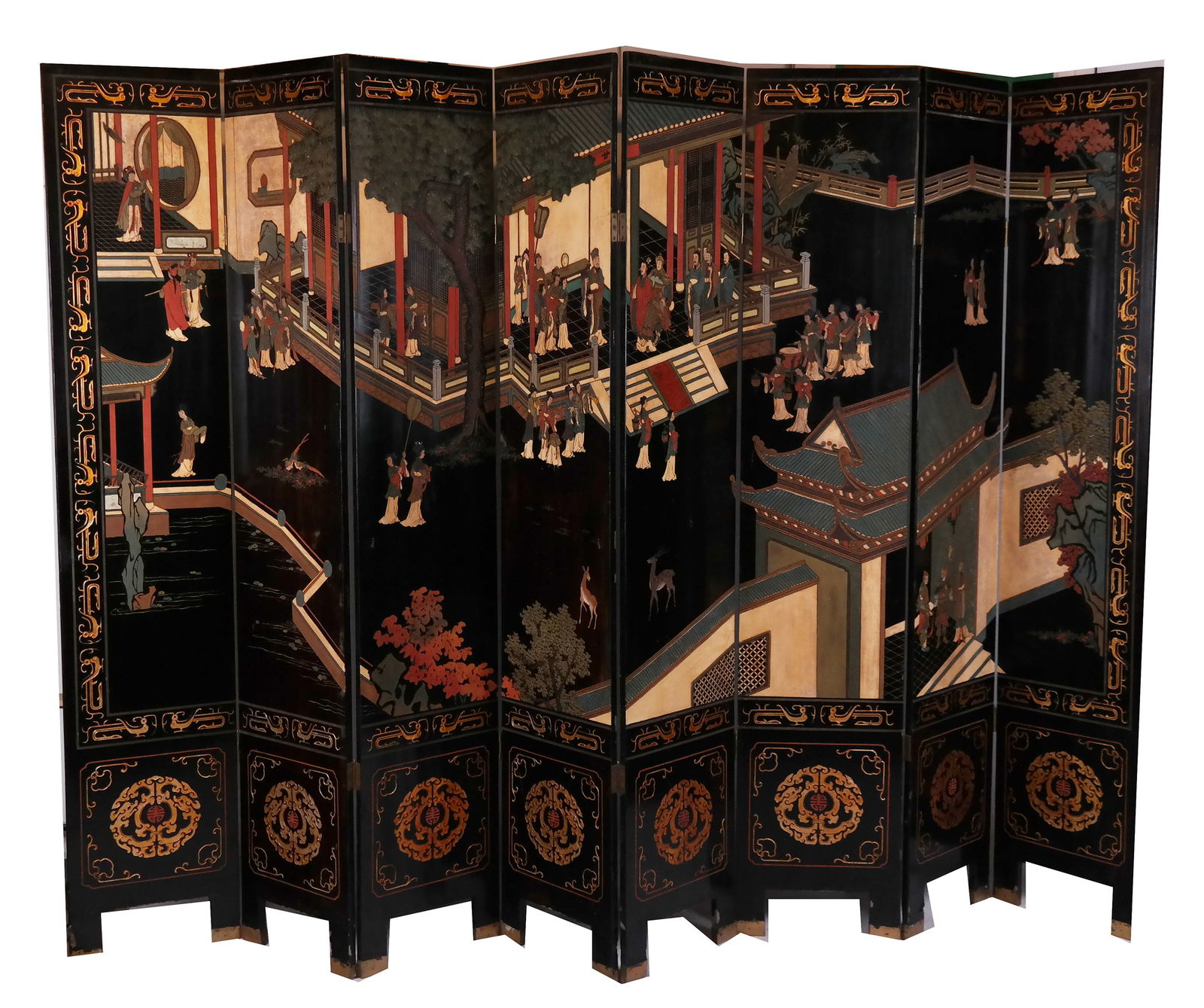 Antique Asian Eight-Fold Black Floor Screen (1 of 17)