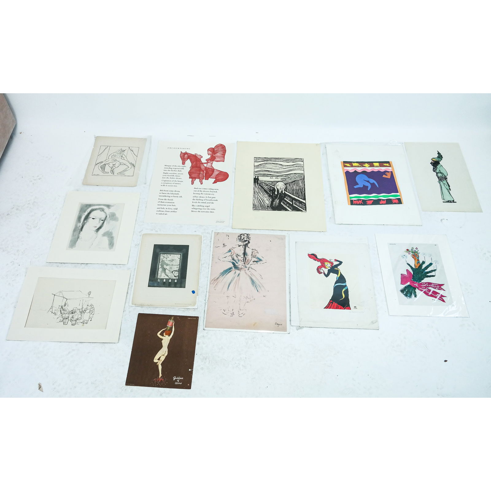 Collection of 13 Vintage Art Prints & Reproduction: Collection of 13 vintage art reproductions, prints, and book pages, including works after: Henri Matisse, Marcel Vertes, Pablo Picasso, Edvard Munch, Henri de Toulouse-Lautrec, Edgar Degas, and others