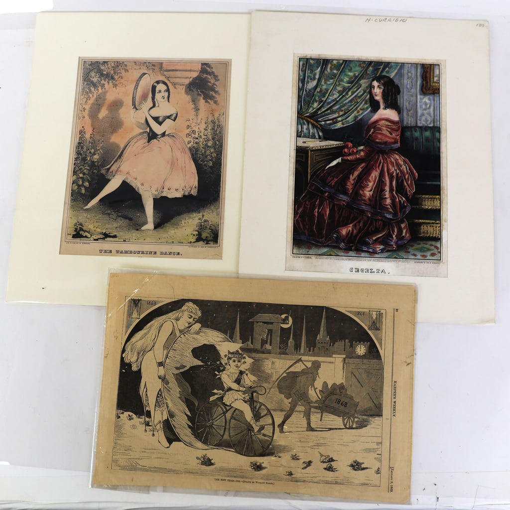 10 Vintage Harper's & Currier & Ives Figural Print: Group of ten vintage Harper's Weekly and Currier & Ives prints depicting ladies and other figural scenes, including The New Year 1969, The Tambourine Dance, portrait of Beatrice Cenci, and other illus
