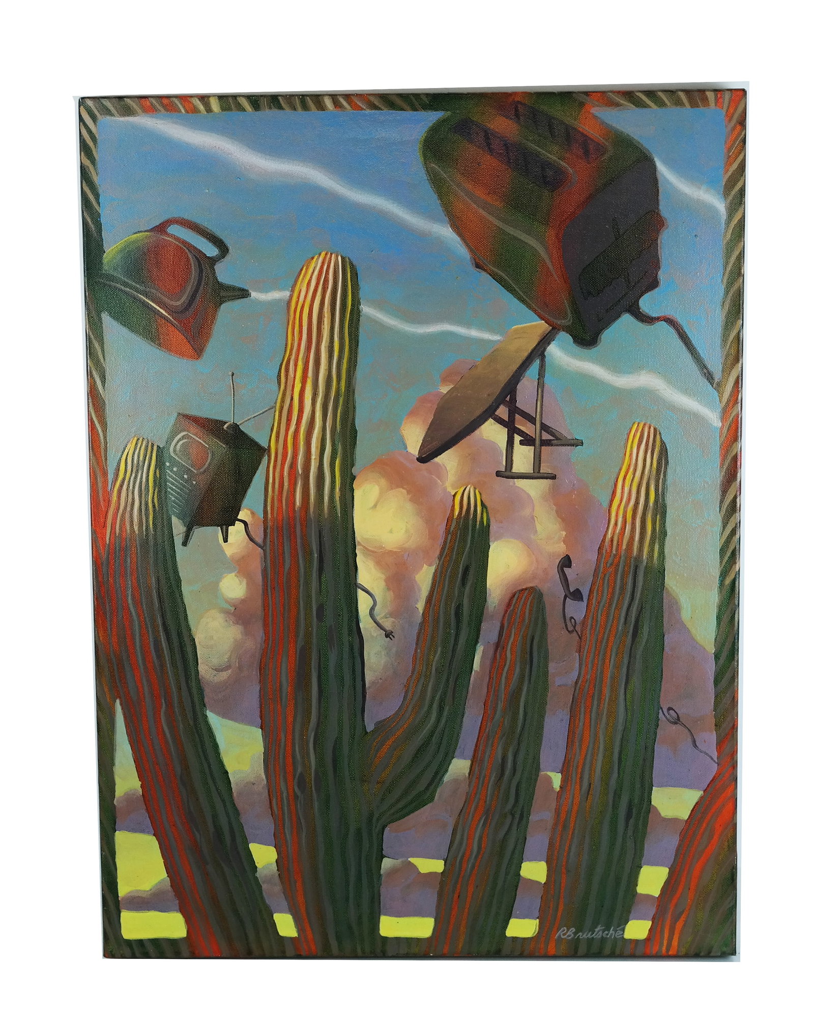 Russell BRUTSCHE: Surreal Scene - Oil Painting: Russell Brutsche (American, 20th C.) oil on canvas painting of a surreal scene with cacti and vintage appliances, signed lower right, with a card on back. [24" H x 18" W].