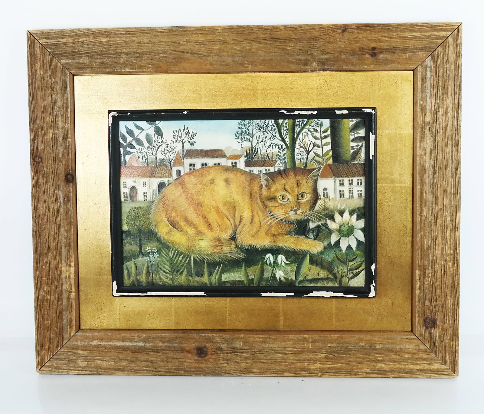 Marie-Kate DAHL: Study of Cat - Oil Painting: Marie-Kate Dahl (French, 20th C.) oil on canvas study of a cat in grass by houses, signed lower right, bearing Paris label on back. [Art: 9 1/2" H x 13 1/2" W; Frame: 19" H x 24" W].