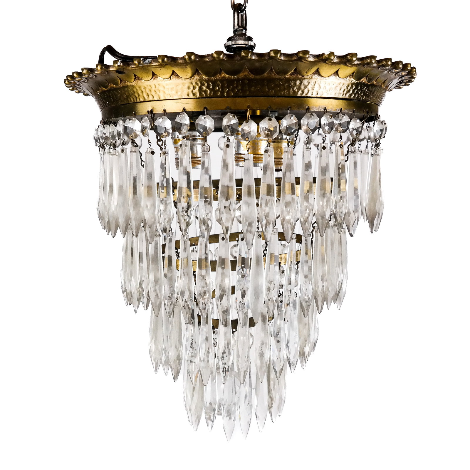 Small Vintage Pendant Chandelier: With tiered rows of prisms. Mid-20th century. [16 x 12 1/2 diam inches]. Some prisms missing, small chips.