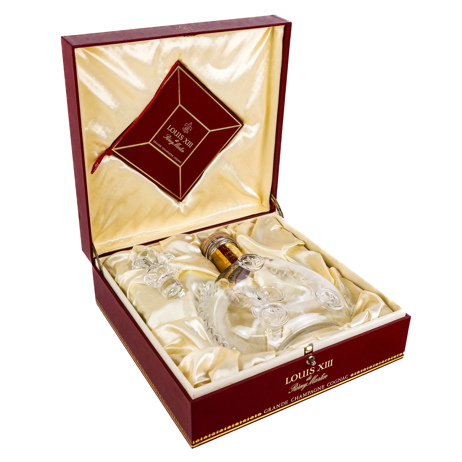 Baccarat Bottle and Case for Remy Martin: Baccarat bottle and stopper for Remy Martin, in fitted case. [Box: 4 3/4" H x 10 1/2" W x 10 1/2" D].