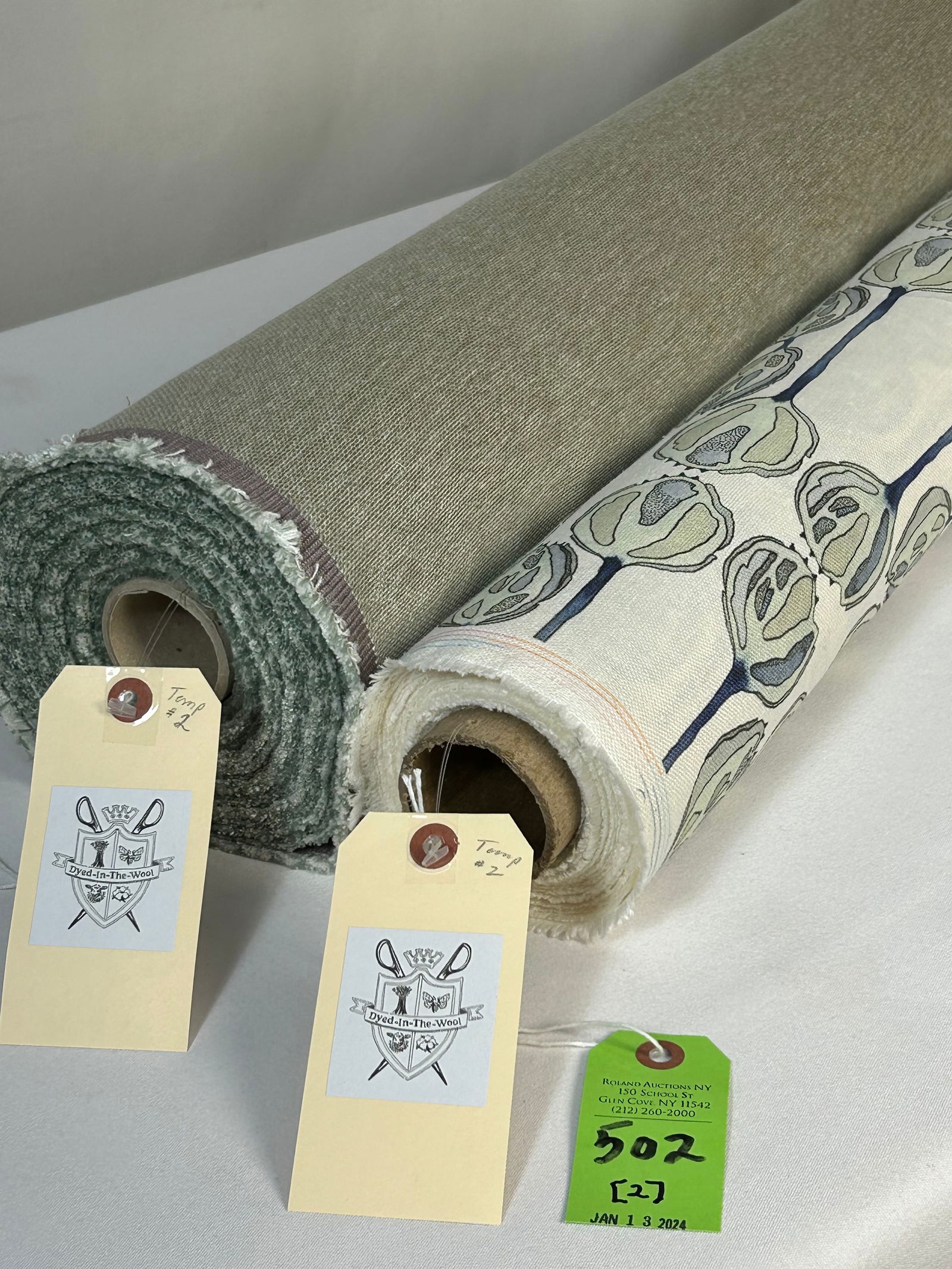 Radish Moon Print and Pierre Frey Woven Fabrics: 1) 9 3/4 yards of Radish Moon's botanical linen print called "Origin", in indigo and violet on ivory, 53 1/2" width. Repeats of 5" vertical by 10 1/2" horizontal. Can be railroaded. Good for upholster