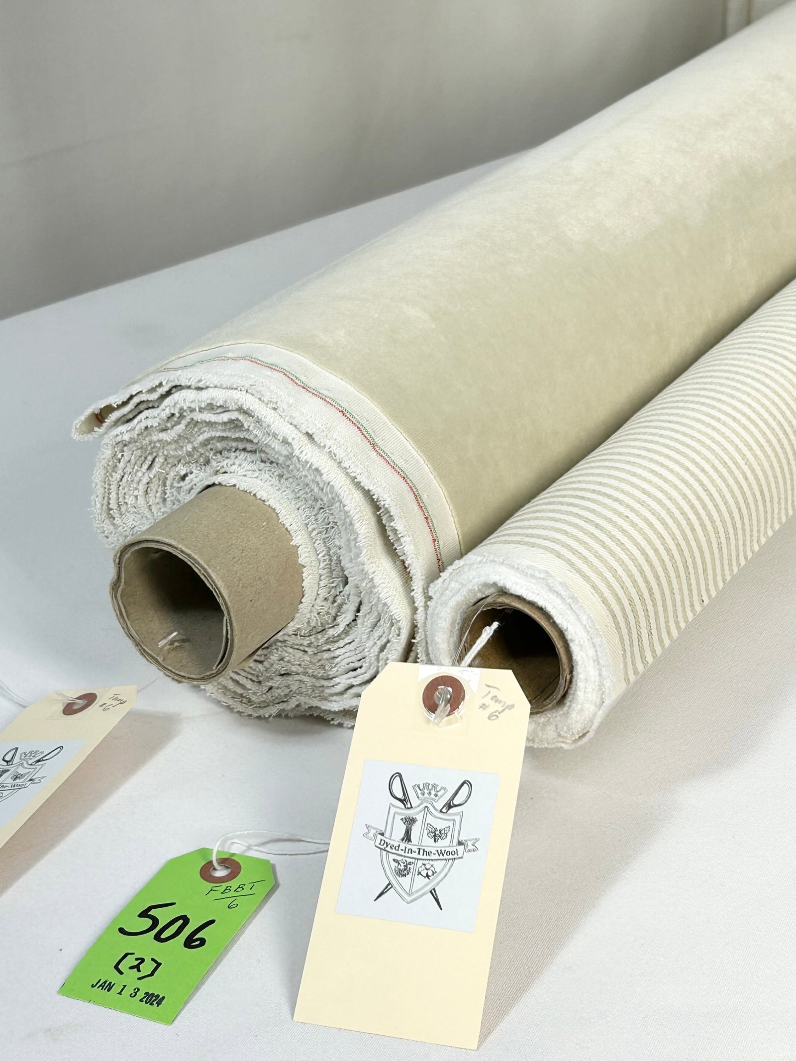 Cowtan & Tout Velvet and Companion Stripe Fabrics: 1) 7 1/2 yards of Cowtan & Tout's "Bridgewater" performance upholstery velvet in "Sand", #11377-1, 56 1/2" Wide. Composition of 28% cotton and 72% polyester with light acrylic backing. Passes 50,000 W