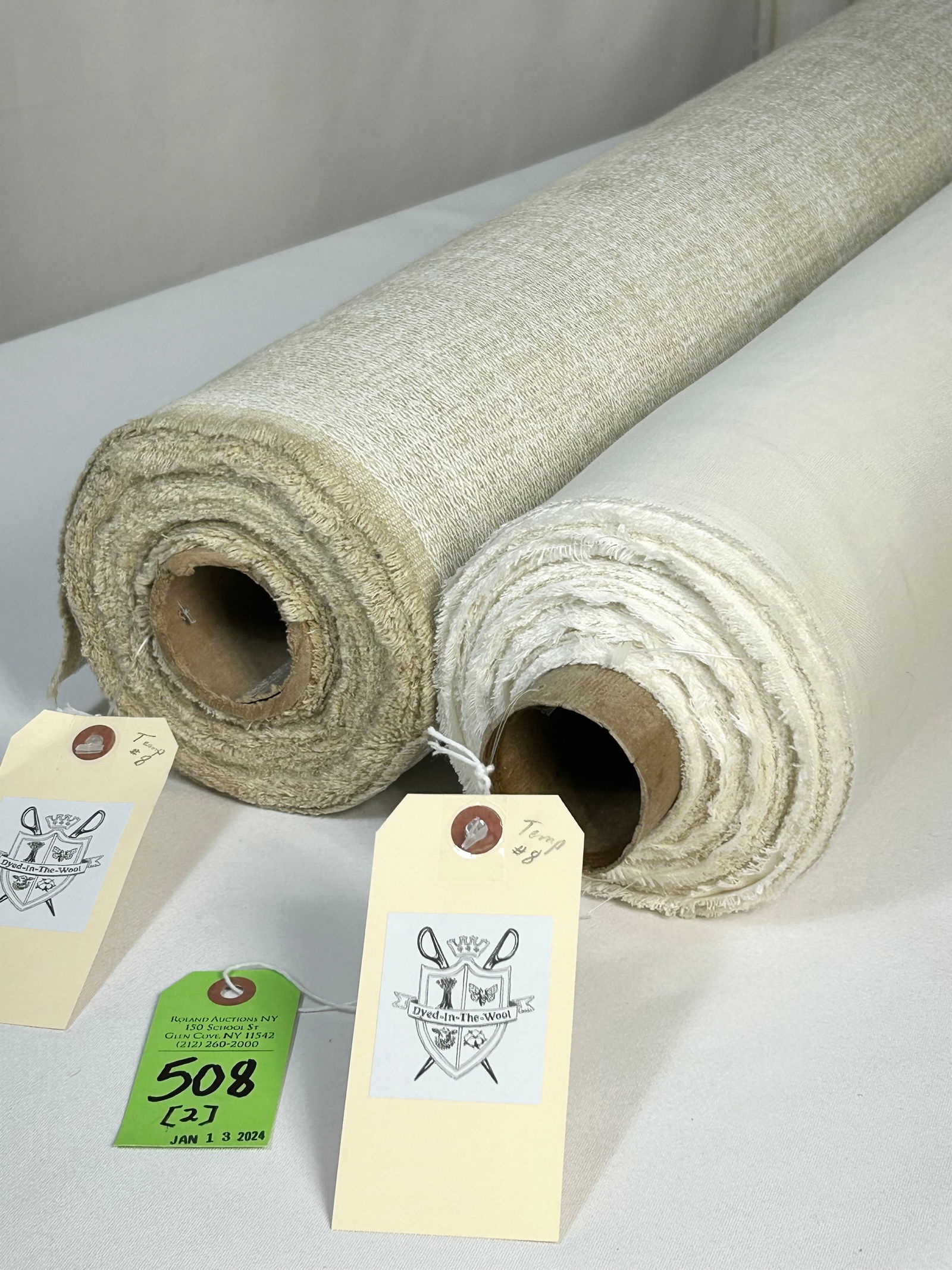 Linen Sheer and Jacquard Chenille Fabrics: 1) 45 yards of off-white imported 100% linen sheer for window treatments. There are two lengths on one tube: 33 1/2 yards on the inside and 11 1/2 yards on the outside. At 57" wide, there is enough fa