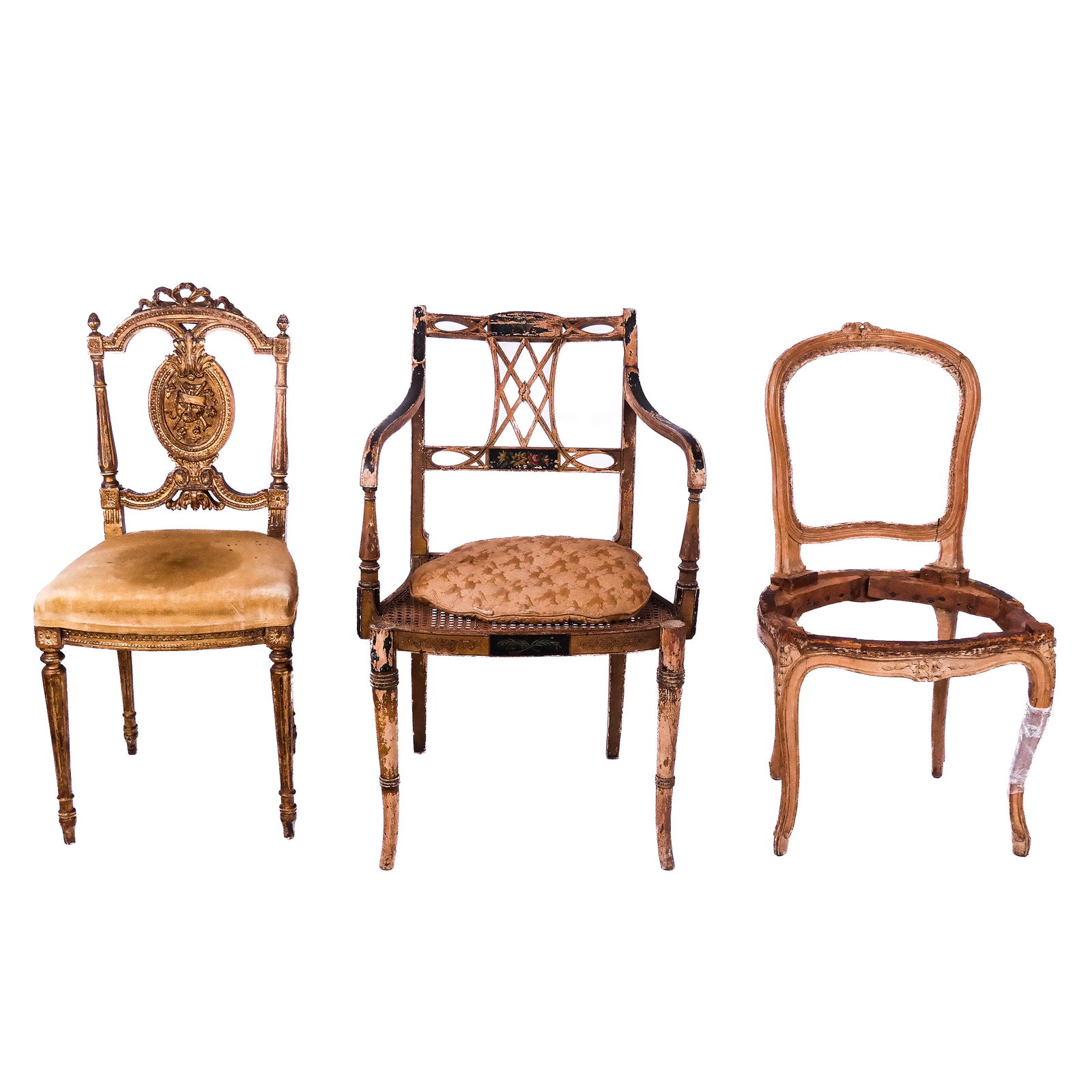 Three Antique Painted & Decorated Chairs: Three (3) antique painted and decorated chairs, one caned, one not upholstered and one armchair.