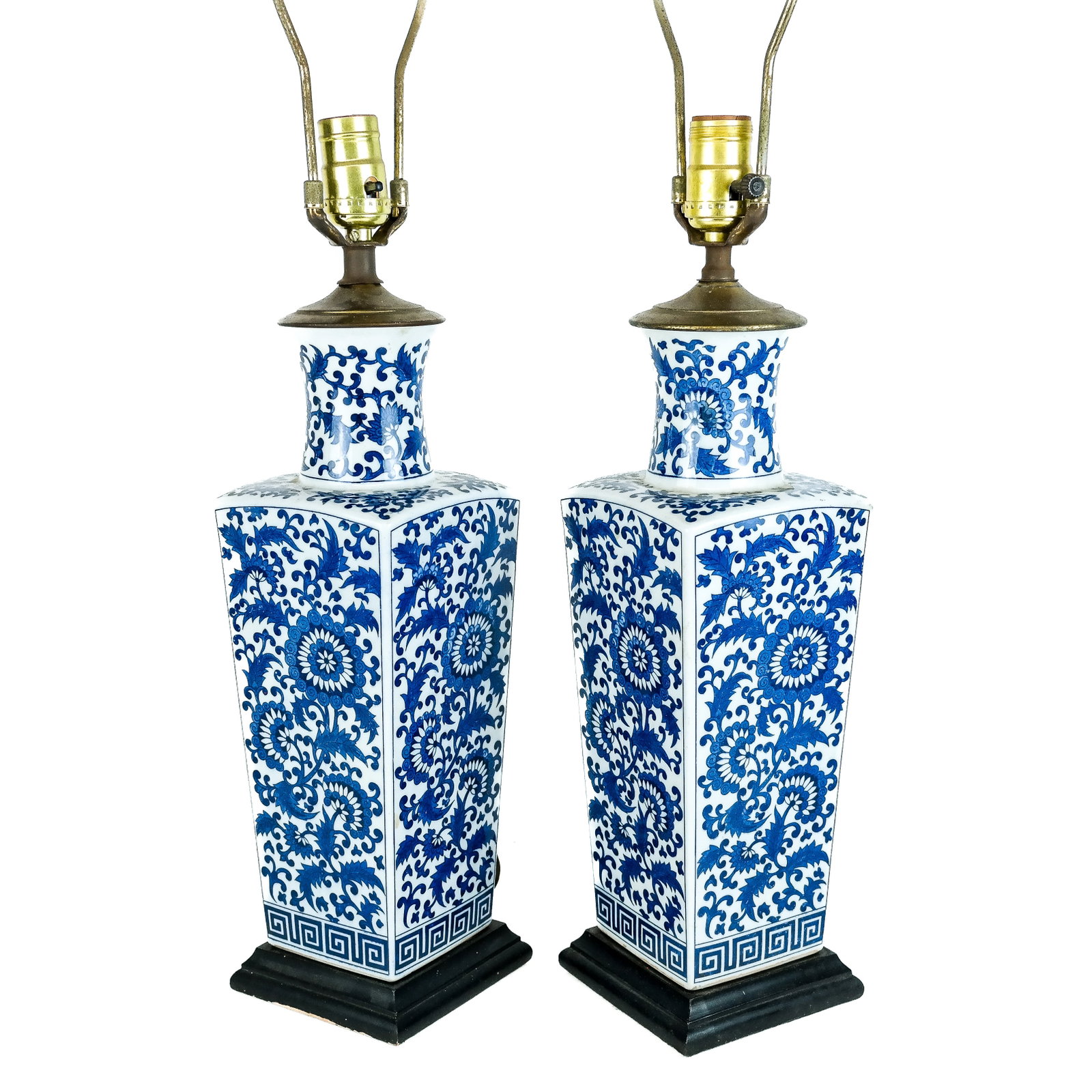 Pair of Chinese Blue & White Porcelain Lamps: Pair of Chinese blue and white porcelain square Fang Hu form vases as lamps mounted on plinth bases, late 20th century. [28" H x 5 1/2" W x 5 1/4" D]. Minor wear.
