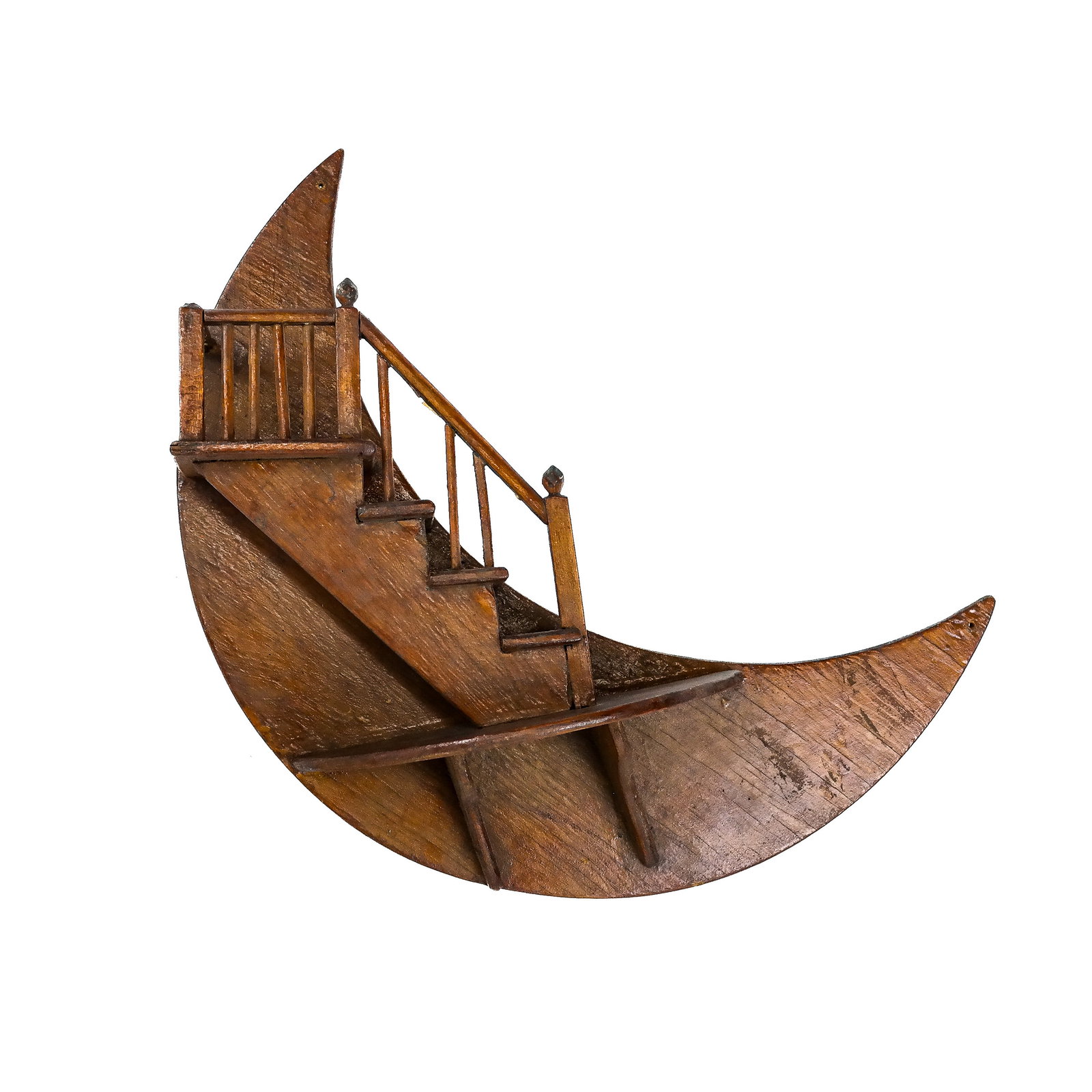 Whimsical Carved Wood Maquette: Whimsical carved wood maquette, modeled as a stairway to heaven, with crescent moon in the background. [15" x 15"]. Typical marks and wear.