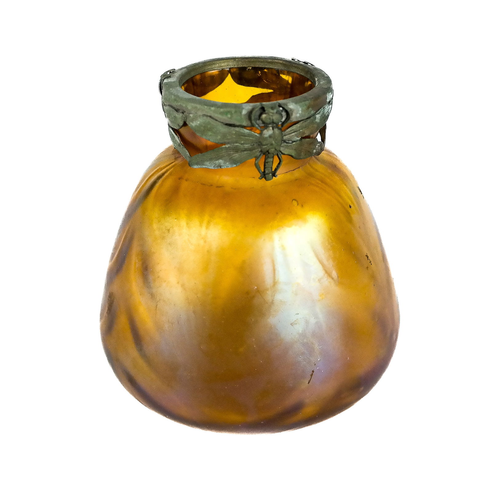 Art Nouveau Iridescent Glass Vase: Art Nouveau iridescent glass vase, early 20th century, with metal butterfly motifs, unmarked, in the manner of Steuben, Loetz or Tiffany. [4 1/4" H x 3 7/8" Diam.].