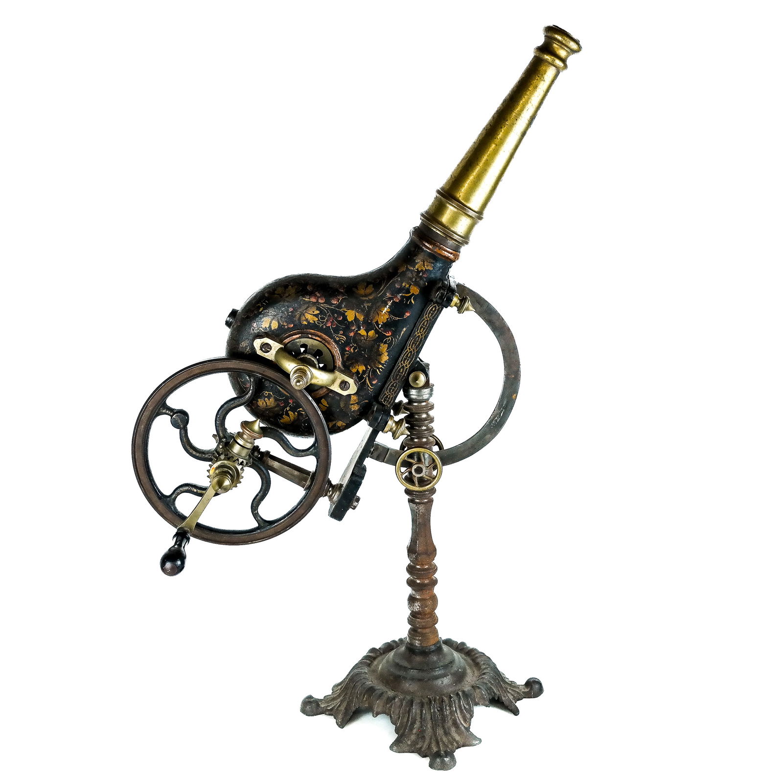 Antique Victorian Cast Iron & Brass Bellows: Antique Victorian cast iron and brass bellows, late 19th / early 20th century, with painted tole foliate details on a stand. [30 1/2" H x 18" W x 11 1/2" D]. Oxidation, wear and marks.