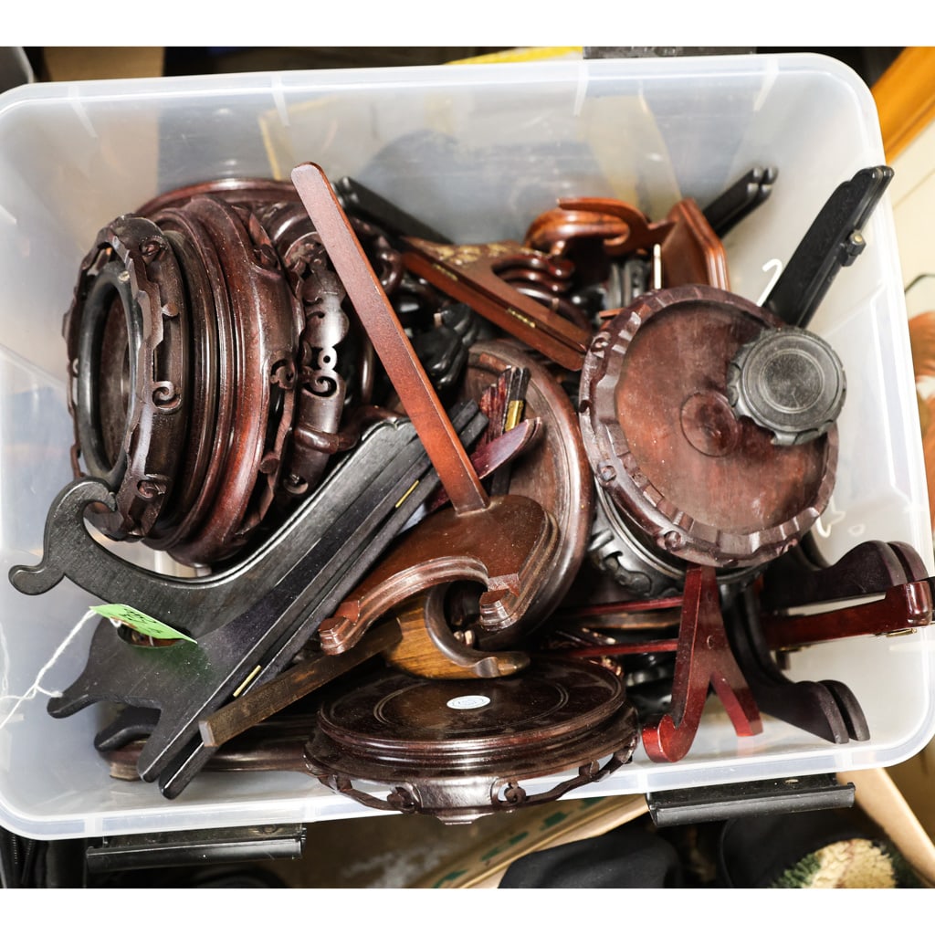 Lot of Chinese Stands (40 Pcs): Lot of approximately 40 teak and assorted lacquered stands.