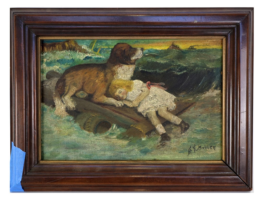 Signed "F.K. MULLER" Maritime Scene Dog Child O/C (1 of 5)