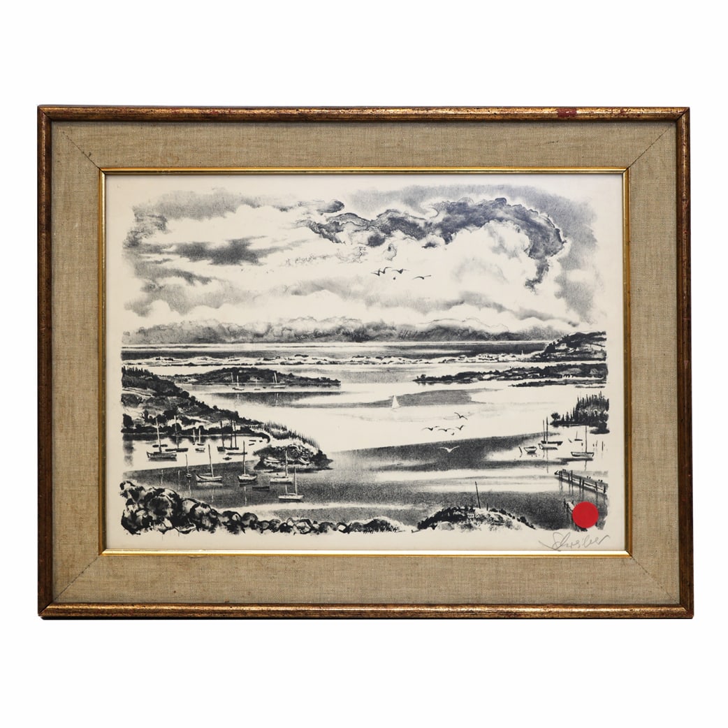 Georges SCHREIBER: "Clam Point" - Lithograph: Georges Schreiber (American, 1904-1977) lithograph circa 1950, titled "Clam Point", depicting a bay scene with boats, bearing label verso, from an edition of 250, signed. [Frame: 15" H x 19" W]. Light