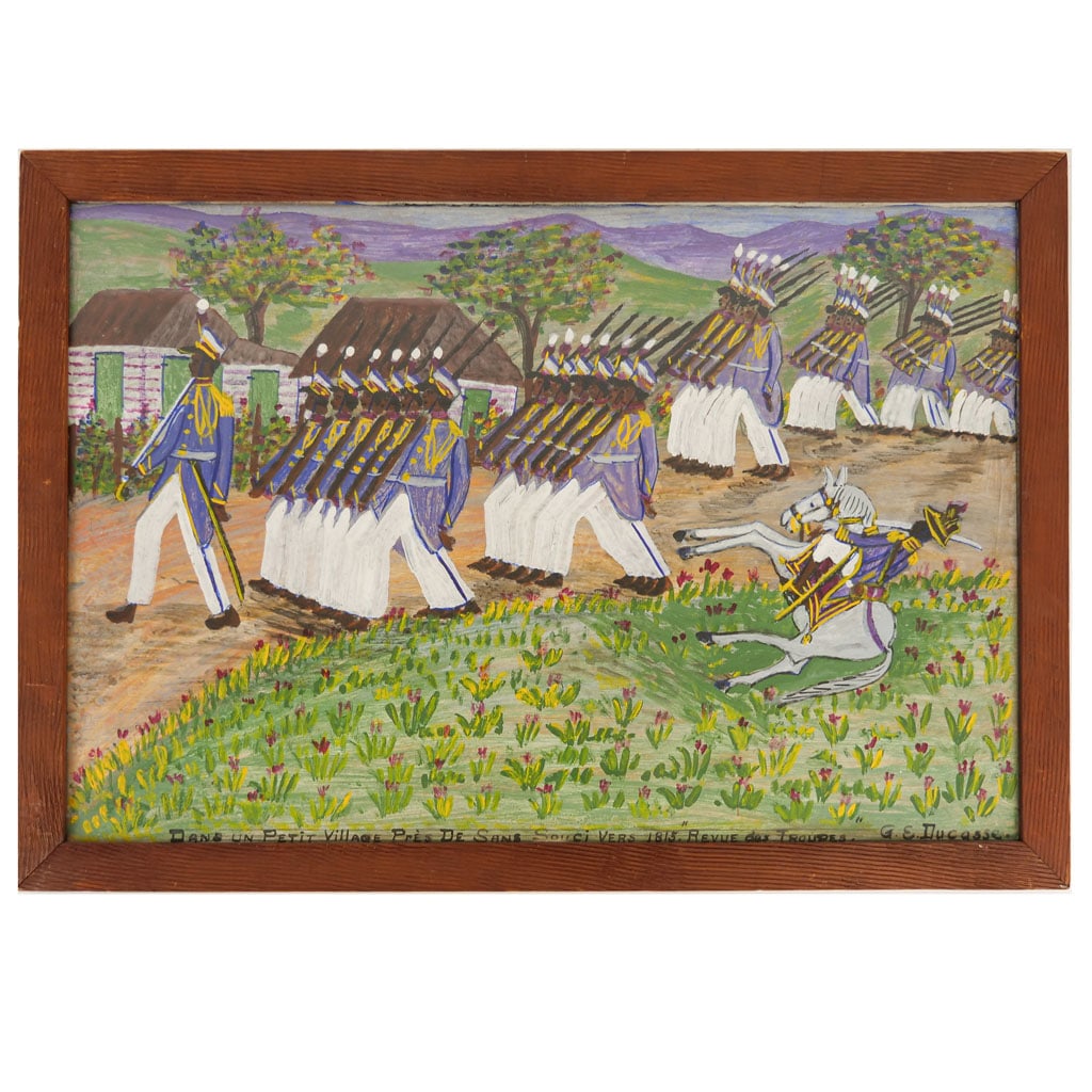Gervais E. DUCASSE: Haitian Troops - W/C: Gervais Emmanuel Ducasse (Haitian, 1903-1988) watercolor on masonite under glass depicting Haitian troops, titled and signed lower right, "Revue de Troupes," "Dans un petit village pres de sans souci