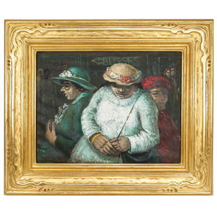 Albert PELS: Ladies Waiting - O/C: Albert Pels (American, 1910-1998) oil on canvas laid down of ladies waiting for the bus, signed lower left. Provenance: From the Eileen and Marvin Reingold Collection. [Sight: 14" H x 18" W; Frame: 21