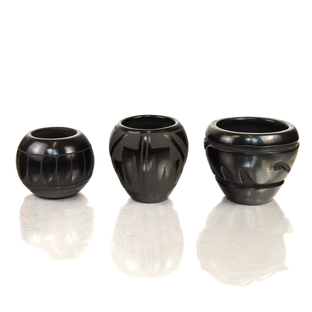 Three Santa Clara Black Pottery Vases (1 of 10)
