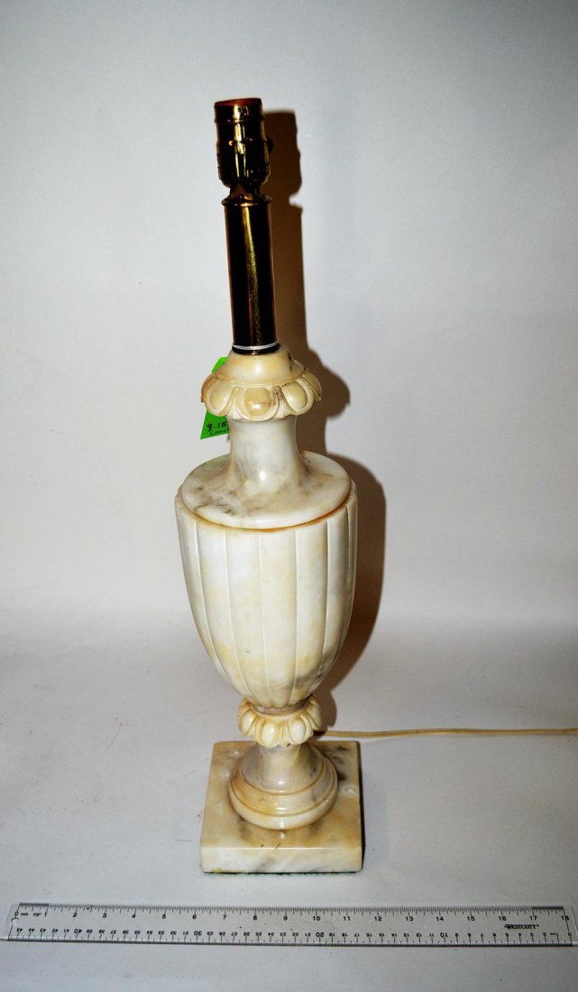 Urn-Form Alabaster Table Lamp: Feature reeded sides and square base. 5 1/2" sq x 24 3/4" H to socket. Bottom repaired, otherwise complete.
