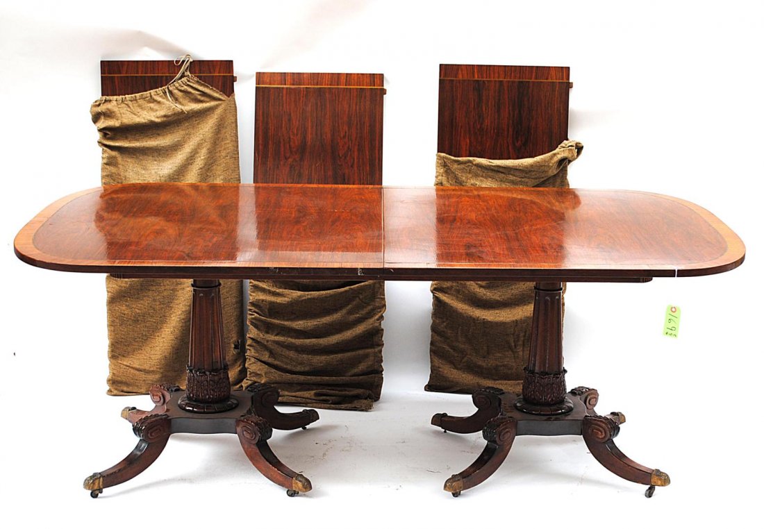 Regency Style Dining Table: Rosewood banded double pedestal dining room table. 78" x 44" [closed] x 29" H. Leaves: 17 1/4" [three].