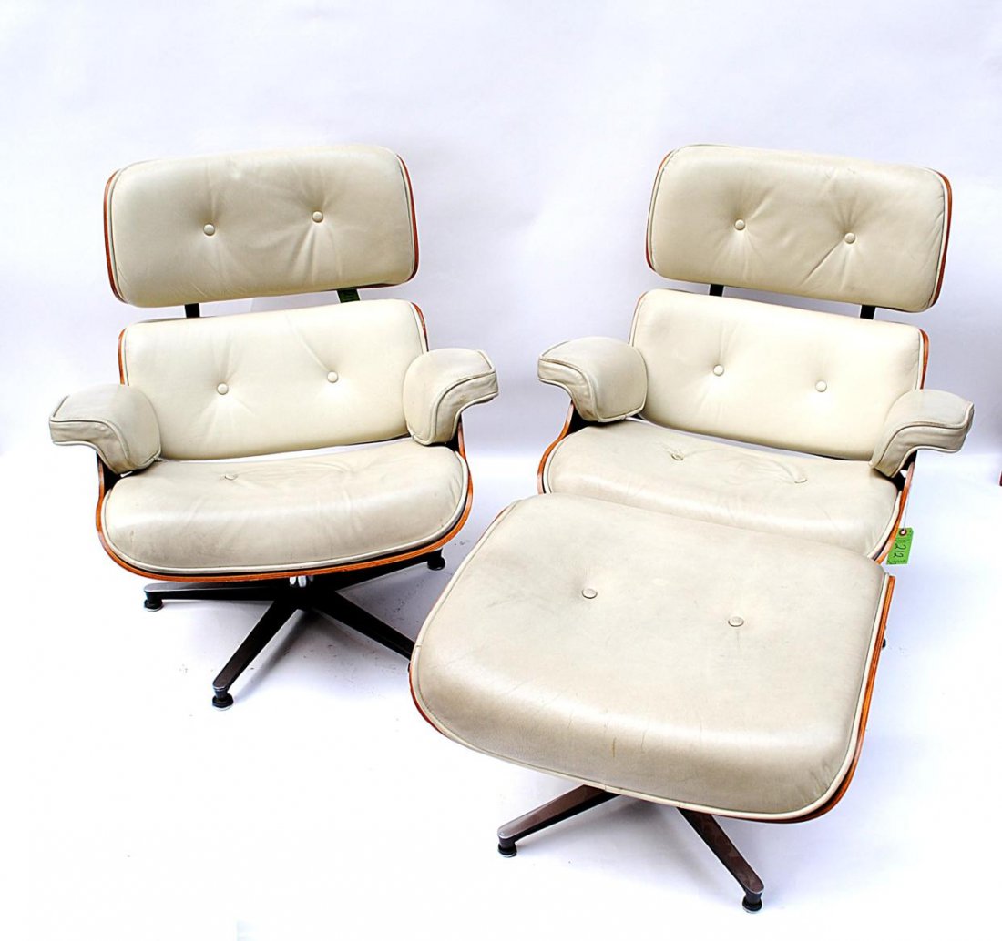 Pair of Chairs, Charles & Ray Eames: Pair of reclining chairs, each with benches by Charles and Ray Eames.