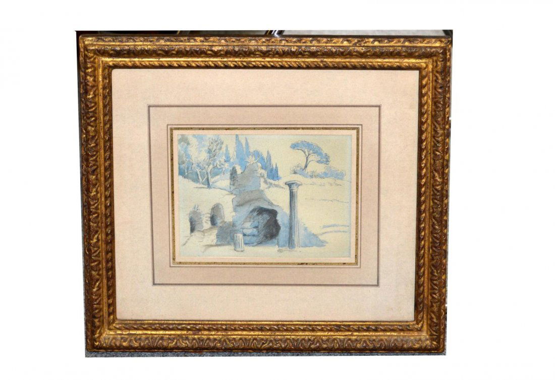 John Ruskin [Attr.] Watercolor: Framed watercolor "View from a Tower, From Afar". Attributed to John Ruskin.