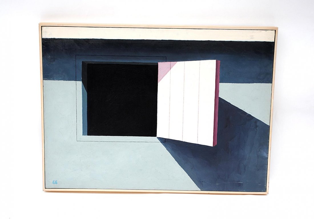 Emilio Sanchez Abstract: Oil on canvas, abstract open door initialed: "ES", signed verso: "Emilio Sanchez". Craquelure. Art: 22" x 30", frame: 23" x 31".