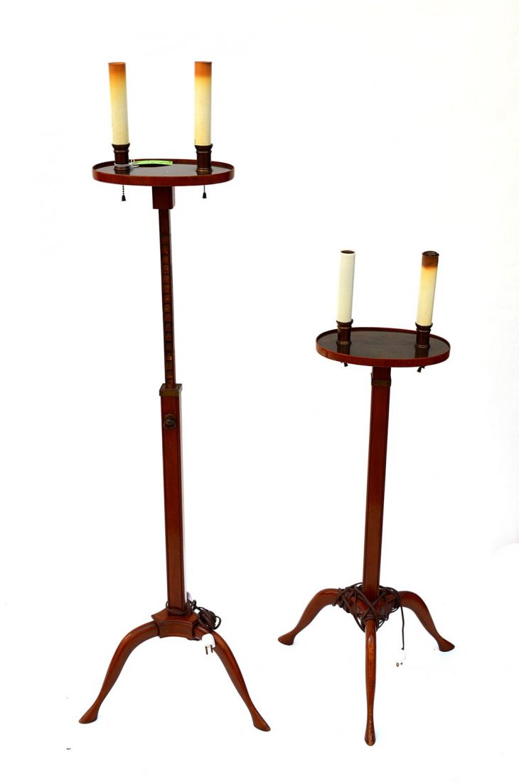 Pair Walnut Adjustable Candle Stands: Electrified two light [Edison base sockets] candle stands with adjustable heights. From 40 1/2" to 51 1/2" H. 17" Dia at base.