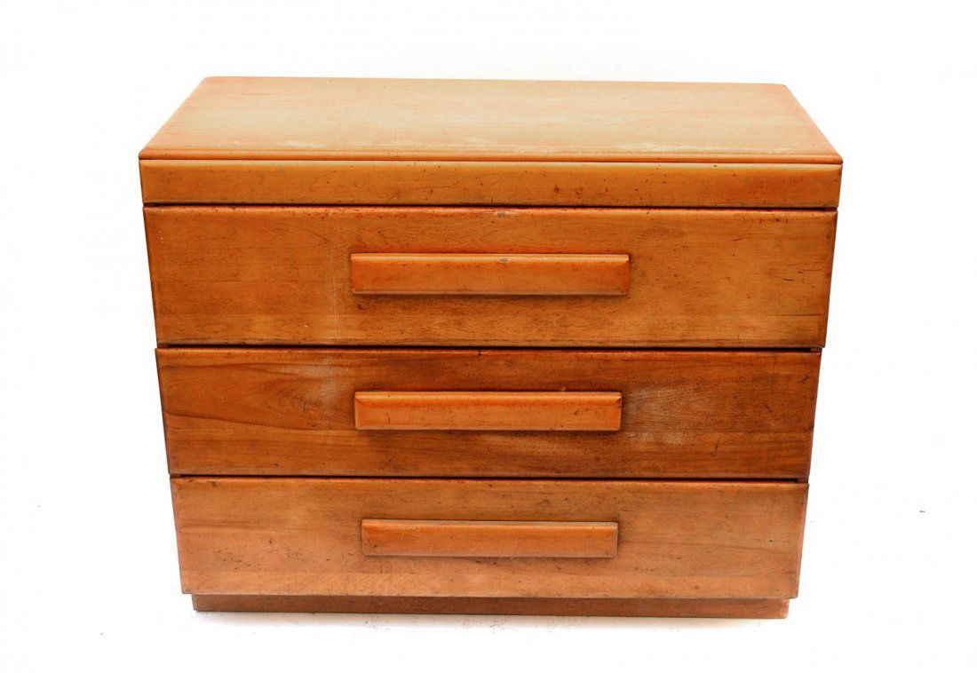 Russel Wright Chest: Maple three drawer chest on a platform base. Worn.