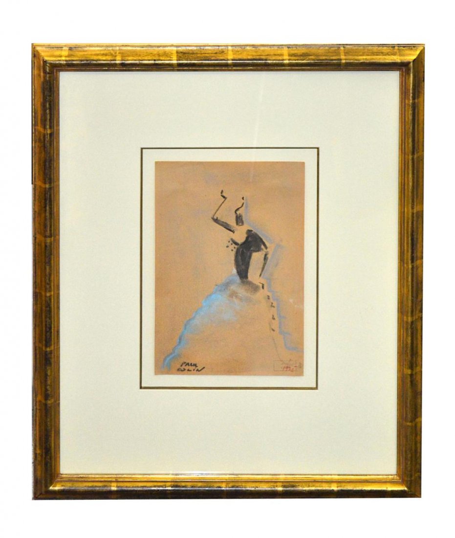 Paul Colin, Pastel Dancing Figure: Stylized full-length depiction of a female figure posed in a blue dress signed "Paul Colin" at bottom left in crayon, and stamped "Paul Colin" with date 1925, at bottom right. Art: 12 1/4" x 8 1/4", F