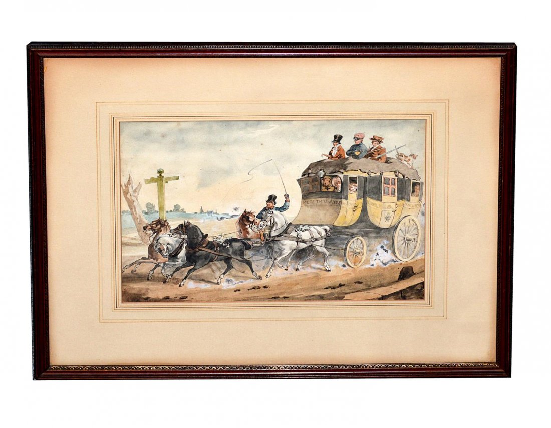 Locillot Watercolor - "The Paris Diligence": 19th C. watercolor on laid paper. Depicts a fully loaded stage coach led by a team of five horses in full gallop. Verso bears a 1937 gift inscription. Minor foxing, otherwise in good condition. Image: