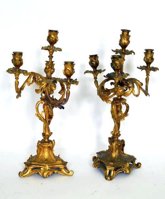 Pair of French Style Candelabra: Pair of bronze dore four light candelabra. Good condition. Patina worn. 18 1/2" x 9 1/2".