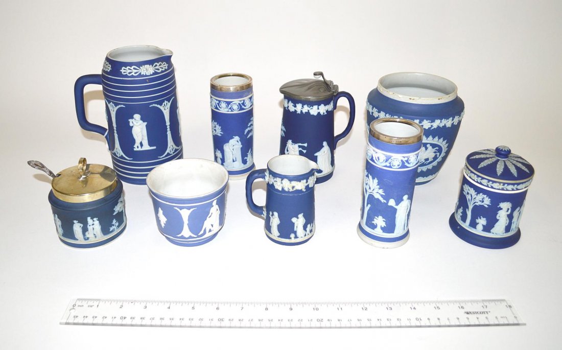 Assorted Wedgwood and Adams Jasperware: Comprises seven Wedgwood items, two with sterling silver rims, and two Adams Tungstall pitchers. Few minor chips, otherwise good. Tallest: 7 3/8" H. [9 items.]
