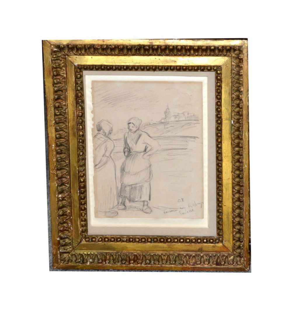 Attr. Camille Pissaro, Conte Crayon - Two Women: Sketch depicting two women in conversation with landscape in background and village on horizon. Initialled "C.P." and inscribed "Causerie dans las cham" at bottom right. Age-toning with chipping at le