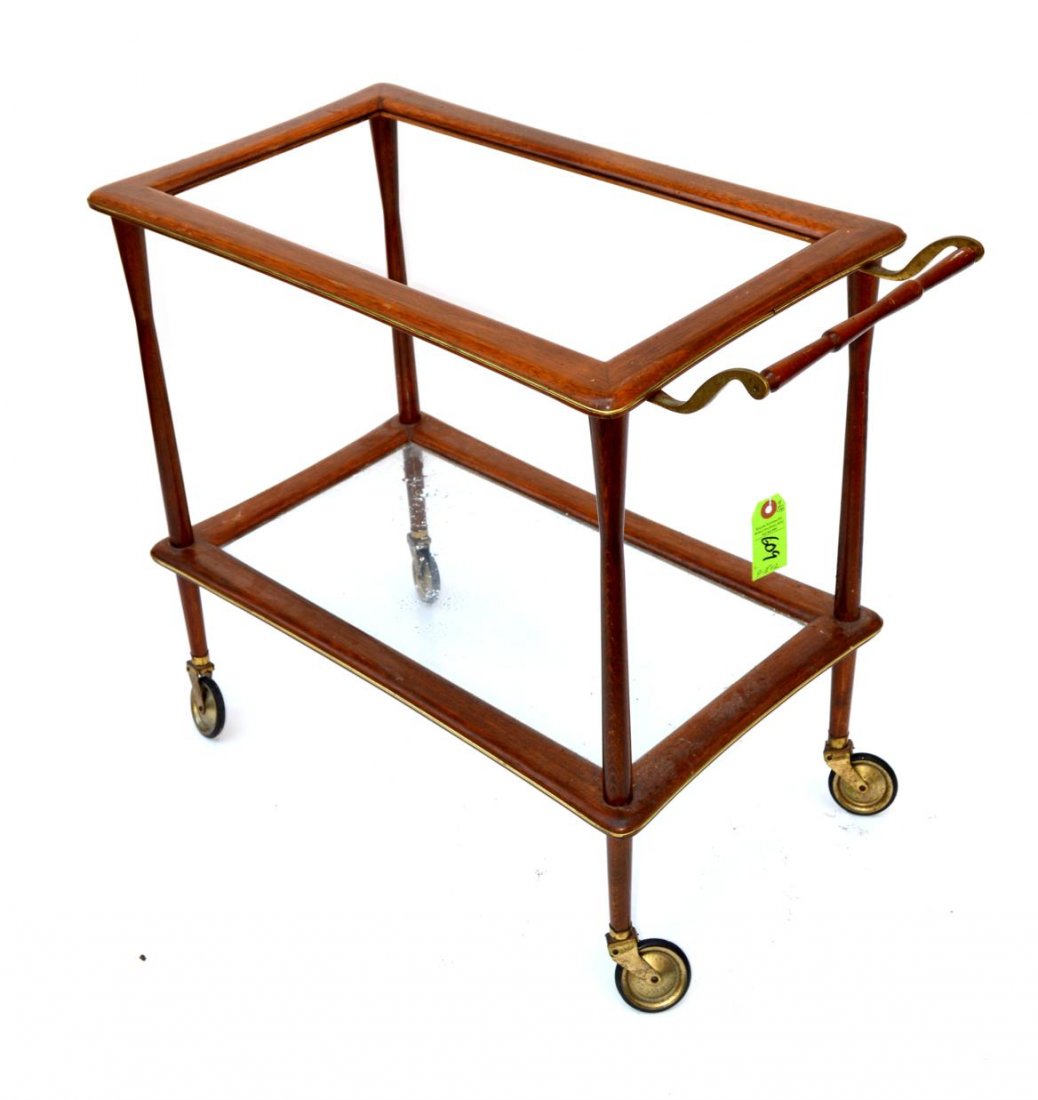 Italian Modern Teacart: Art moderne serving cart with rosewood and brass, missing glass top.