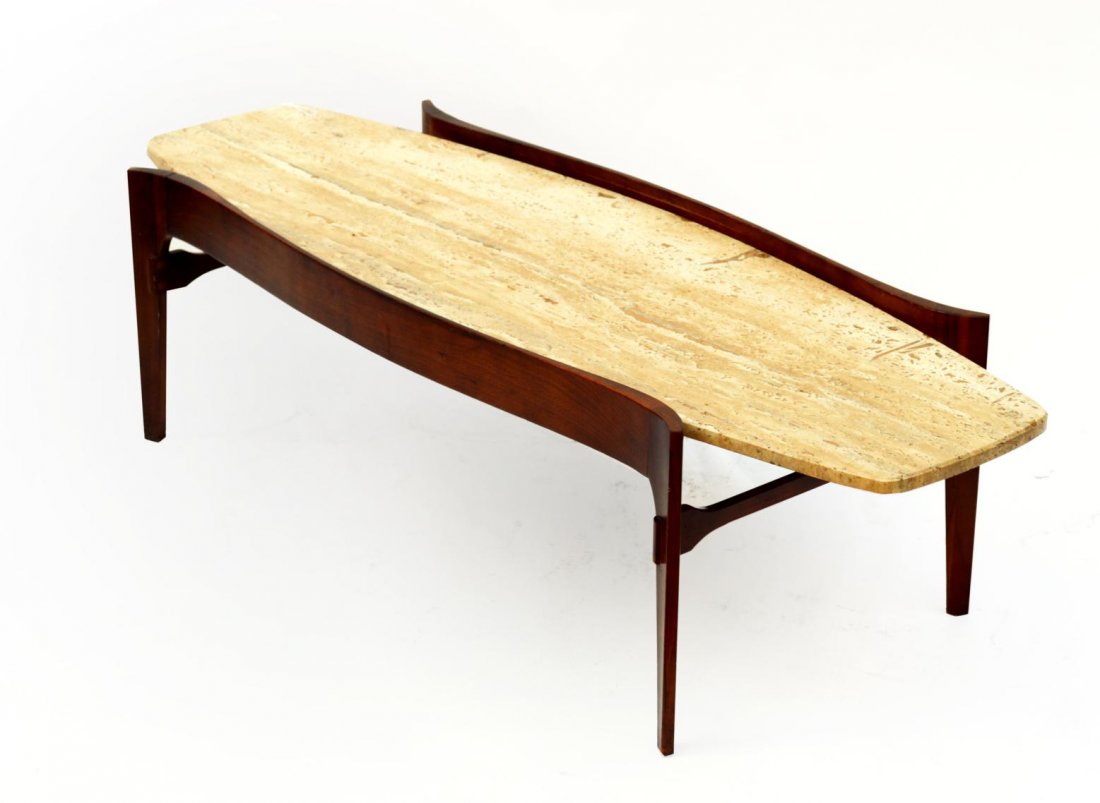 Gio Ponti Style Coffee Table: Coffee table having a travertine marble top. Walnut supports. One leg bears a repaired stress fracture (joinery needs to be re-glued).
