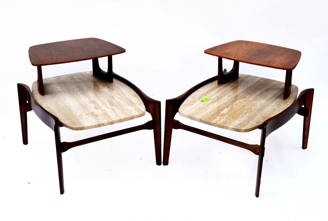 Pair of Gio Ponte Style Tables: Each with a step and a travertine marble top.