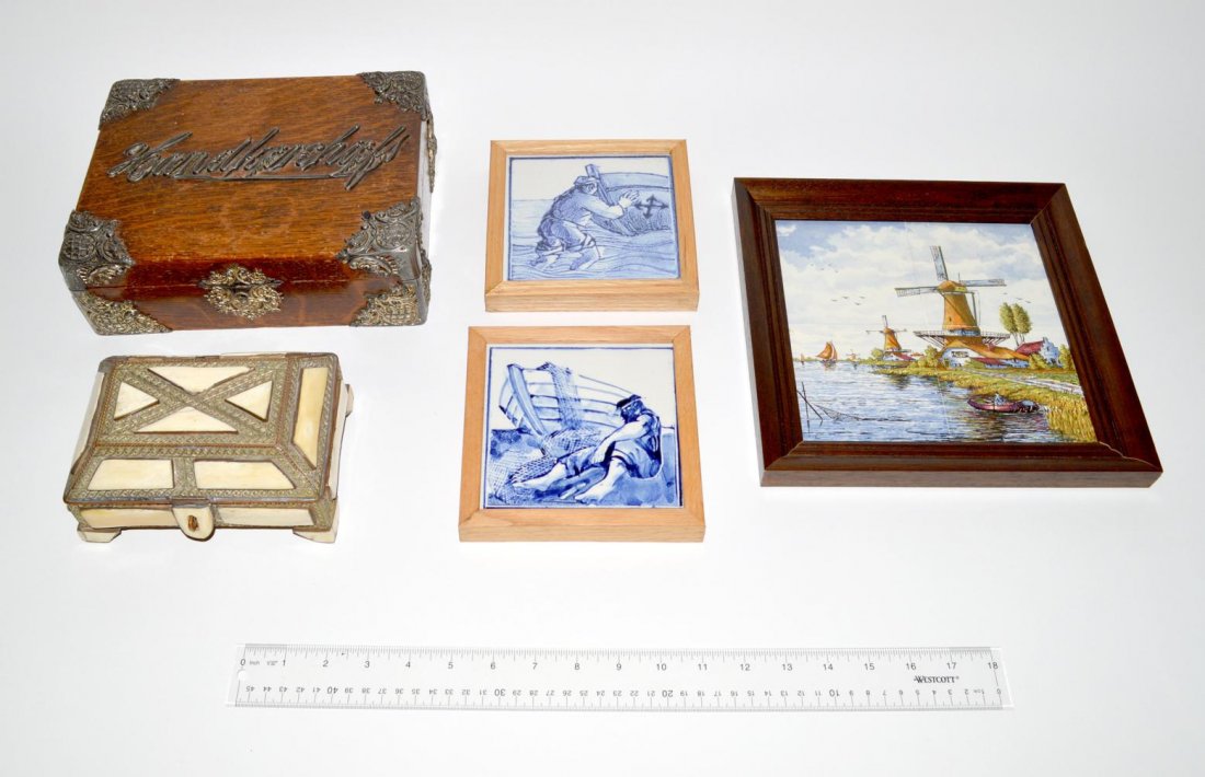 Miscellaneous Decorative Articles [5]: Comprises a vintage bone-clad Anglo-Indian box [3 3/8" H], a mounted oak handkerchief box [3 1/2" H], and three decorative tiles. Five items. In overall good condition.