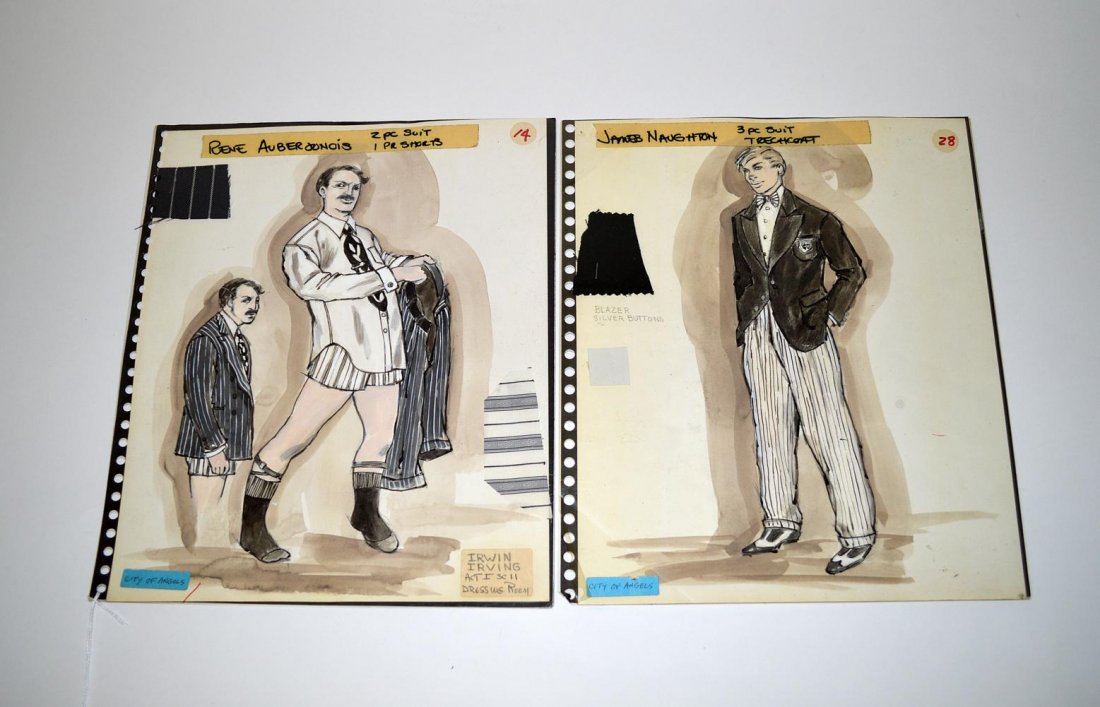 Broadway: Florence Klotz Costume Designs: Two full-length mixed media costume designs for the 1989 production of "City of Angels." Comprises costume for "Stone" [played by James Naughton] and "Irwin Irving" [played by Rene Auberjonois]. In go
