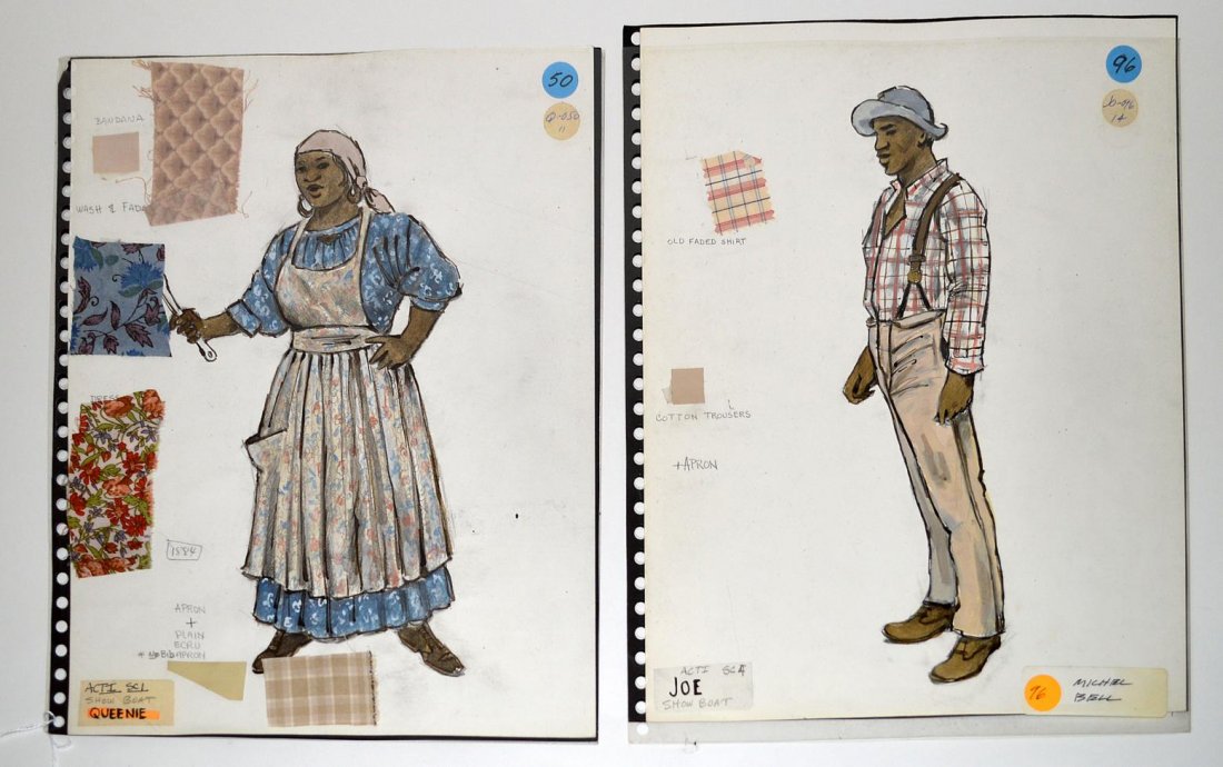 Broadway: Florence Klotz Costume Design: Two full-length mixed media costume designs for the 1994 revival of "Showboat". Comprises design for "Joe" and "Queenie". Both 14" x 11". In good condition complete with swatches.