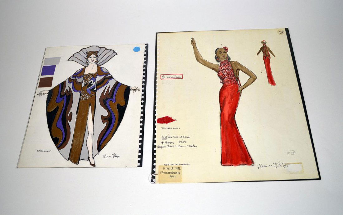 Broadway: Florence Klotz Costume Designs: Two full-length mixed media costume designs for the 1993 production of "Kiss of the Spider Woman". Both designs are for the titular role "Spider Woman", and are signed bottom right "Florence Klotz." O