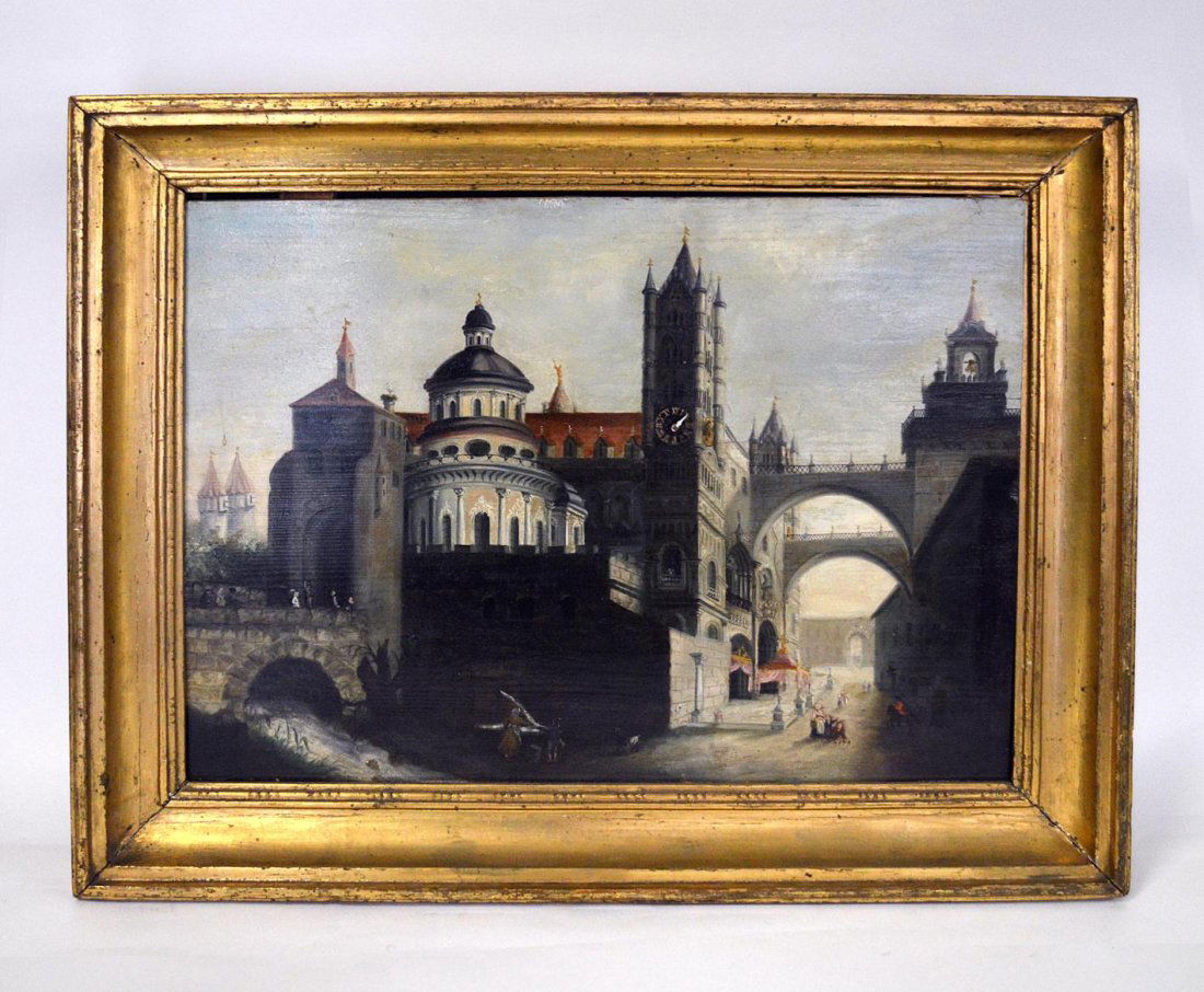 17th C. Dutch School Oil on Board Cityscape: Elaborate cityscape with built in clock mechanism. [Missing one arm.] Art: 20 3/4" x 28". Frame: 27 1/2" x 34 3/4". Verso bears escapement and chime mechanism attribution "Vienna / Circa 1780." Needs