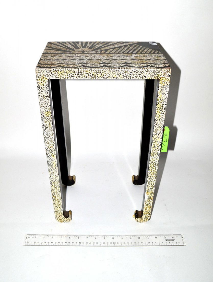 Lacquer Eggshell Table: Black lacquer, eggshell sun and ocean decorated table. Wear. 8" x 12" x 20" H.