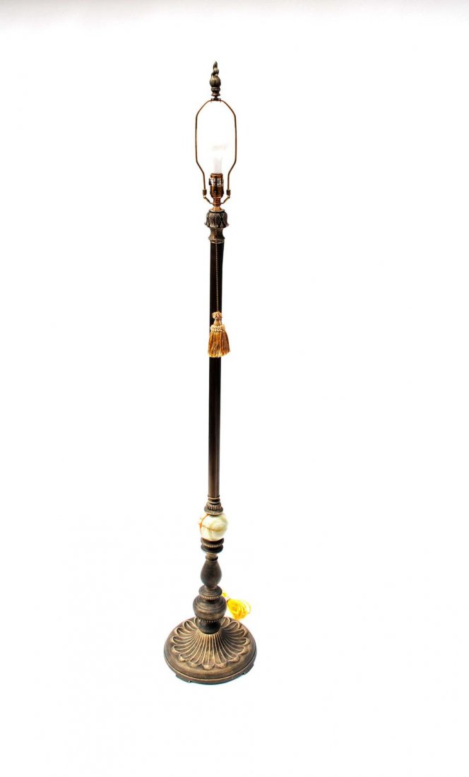 Column-Form Floor Lamp with Agate: Metal floor lamp with balustrade-form base bearing a spherical agate knot. Accompanied by a silk shade with beaded fringe accents. Overall: 21 1/2" D x 65 1/2" H [to finial].