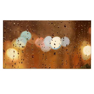 Signed Photo-Realist O/C Composition w/ Raindrops: Unframed oil on canvas photo-realist composition with raindrops and distant lights, signed illegibly to verso and dated, 2014. [Canvas: 17" H x 29 1/2" W]. Overall in good condition with light